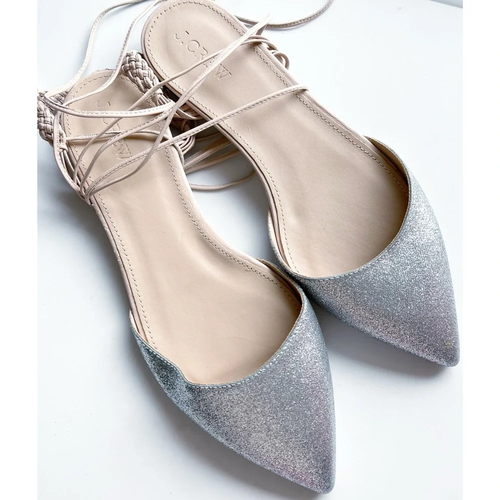 J Crew pointed toe glitter silver flats lace up sz 7
